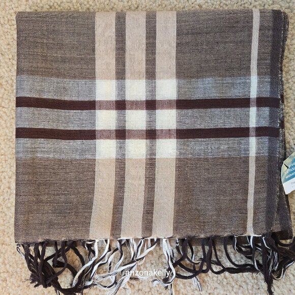 Freeset Fabrics Accessories - NWT Wool/Cotton Blend Lightweight Scarf Brown Tan Plaid Freeset Fabric